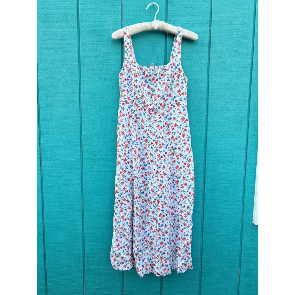 Floral Romantic Linen Notched sweetheart Neckline Smocked Back Dress w pockets - Picture 3 of 10